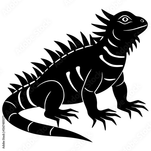 A vector silhouette of an iguana standing with spiked back visible, centered on a white background 