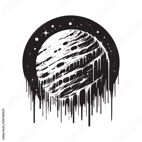 Melting planet with drips in space, stylized vector illustration art