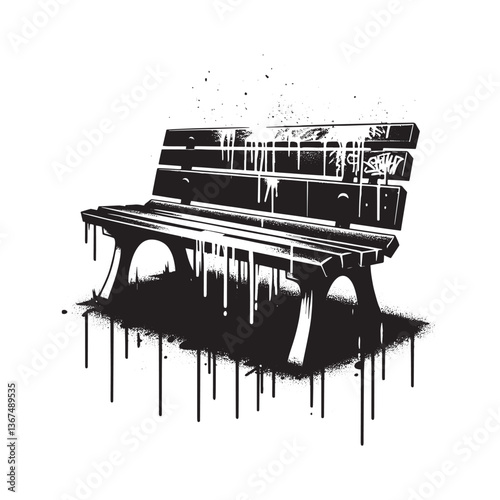 Grungy monochrome bench illustration with dripping spray paint effect aesthetic