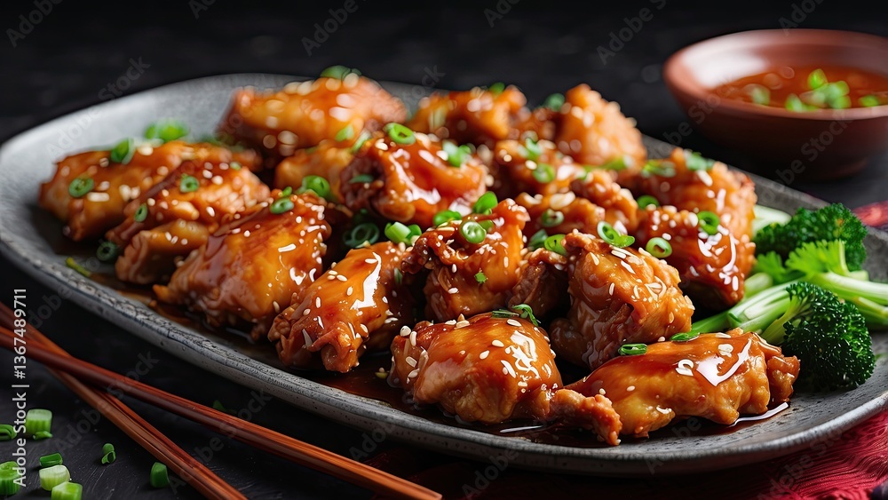 Fototapeta premium A close-up view of a black rectangular plate filled with crispy,