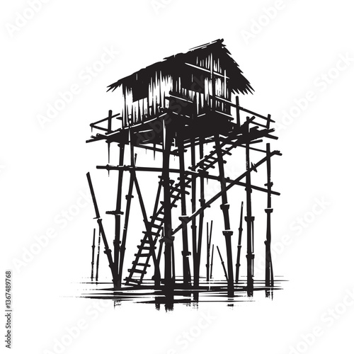 Monochrome bamboo stilt house illustration with a dripping spray and grunge effect