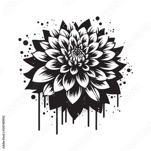 Monochrome Dahlia Blossom with Stencil and Spray Paint Effects Artwork
