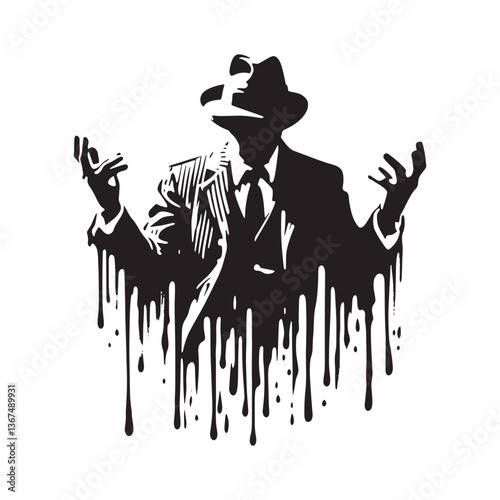 Monochrome silhouette of a man wearing suit, hat, and melting paint effect