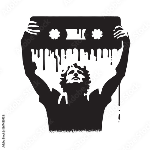 Monochrome Silhouette of Person Holding Dripping Audio Cassette Tape Overhead