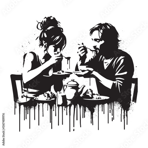 Monochrome stencil artwork of couple enjoying a stylized indoor tea party