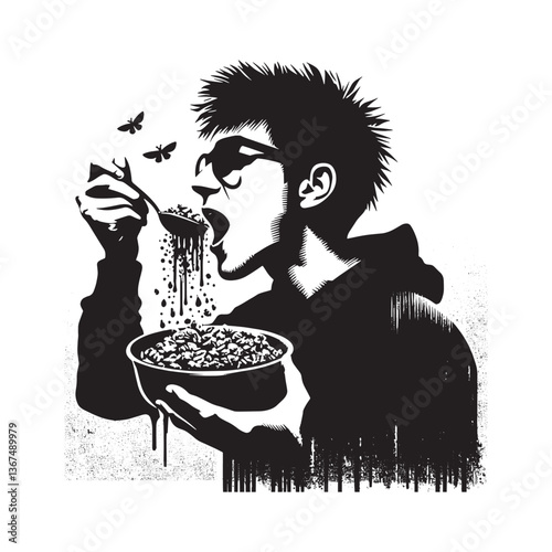 Monochrome illustration of a person enjoying a bowl of homemade granola artfully rendered