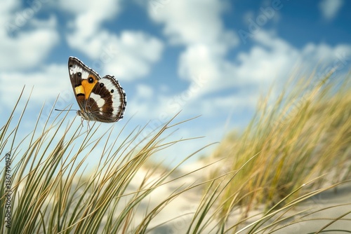A butterfly resting on a blade of dune grass, momentarily pausing in the coastal breeze.