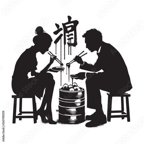 Silhouette couple enjoying dim sum meal, urban grunge aesthetic in flat design