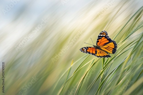 A butterfly resting on a blade of dune grass, momentarily pausing in the coastal breeze.