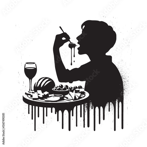 Silhouette of a person indulging in a charcuterie board with artistic splatter