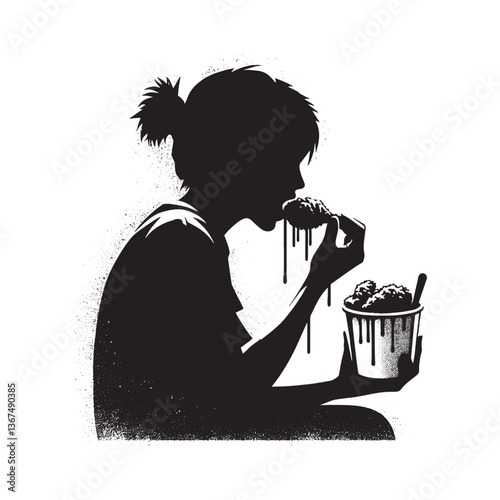 Silhouette of a person savoring fried chicken with grunge drips illustration