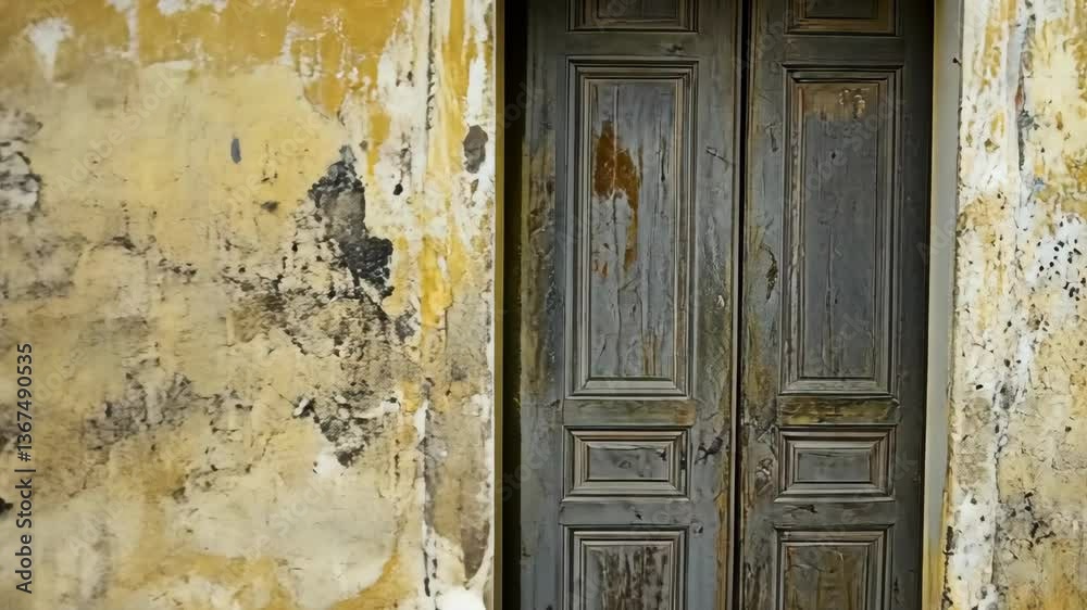 Weathered wooden doors reveal history of an abandoned building in an old town Weathered wooden doors reveal history of an abandoned building in an old town
