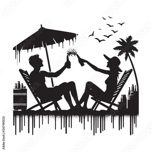 Silhouetted couple toasting drinks on beach chairs with spray paint style