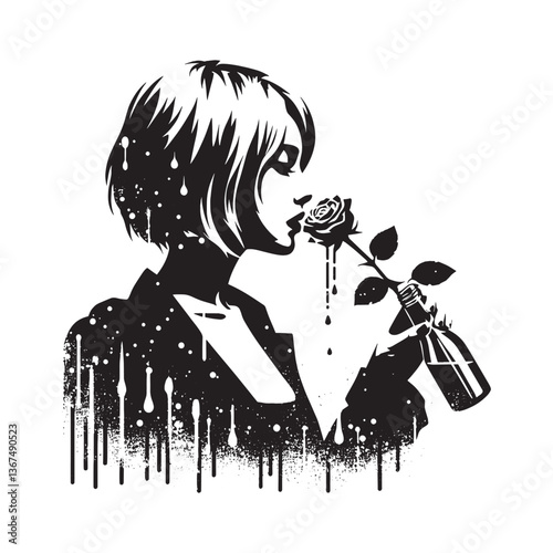Sophisticated indulgence woman enjoying rosé with rose in monochrome stencil art