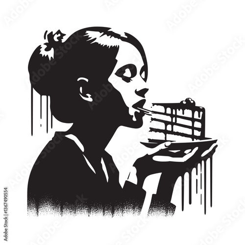 Stencil illustration of a person relishing a cake slice in black and white