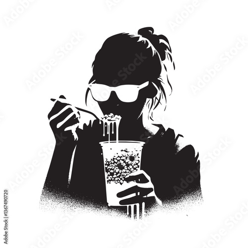 Stencil art of person enjoying granola parfait with artistic flair and attitude