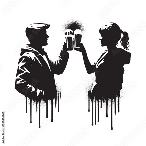 Stencil style illustration of a couple celebrating with beer in hand, a toast to good times