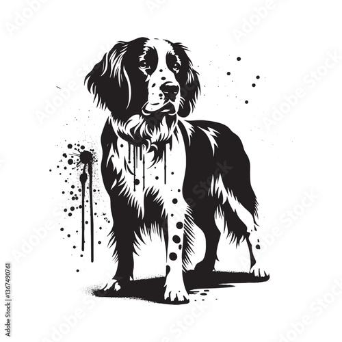 Stylish Brittany Spaniel Illustration with Dripping Paint Effect Design