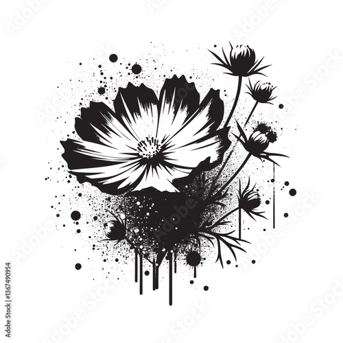 Stylized Cosmos Bloom with Textured Grunge Spray Paint Effect Illustration