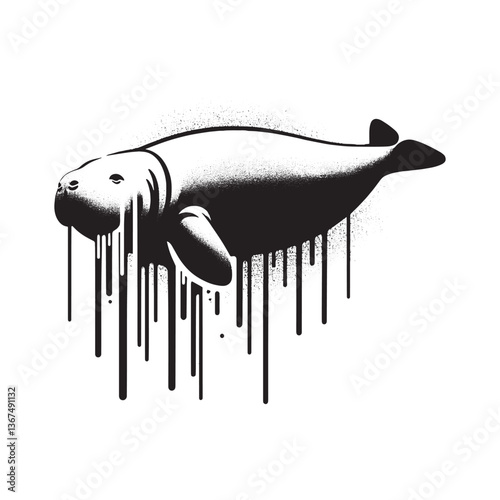 Stylized Dugong Illustration with Spray Paint Effect in Grunge Style Design