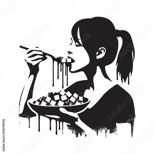 Stylized monochrome image of a person savoring a generous helping of tofu stir-fry