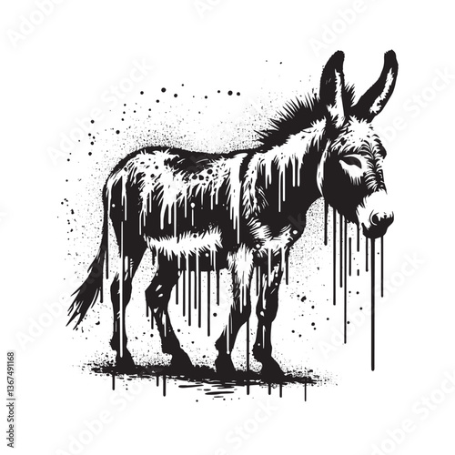 Stylized mule artwork with dripping paint effect and monochrome design, isolated