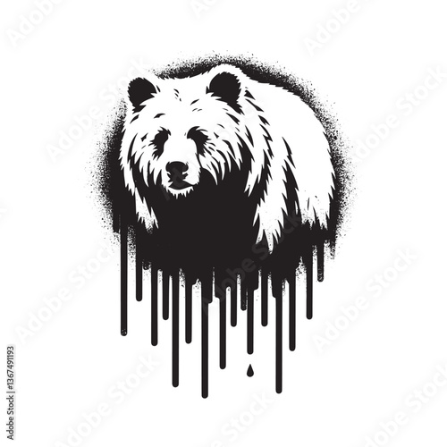 Stylized monochrome bear illustration featuring stencil and dripping paint effect