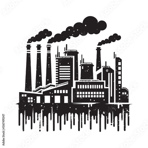 Urban industrial landscape with factories illustration in stencil and spray style