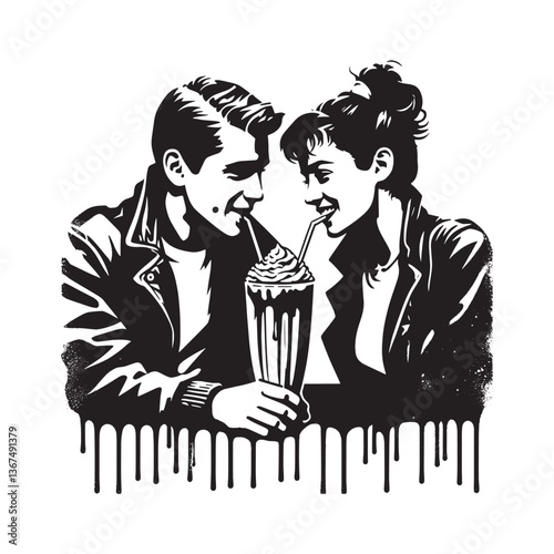 Vintage stencil of couple sharing milkshake with dripping spray effect grunge design