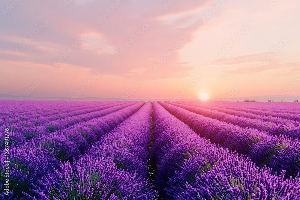 Lavender Field in Bloom at Sunset with Soft Light and Horizon Lavender Field in Bloom at Sunset with Soft Light and Horizon