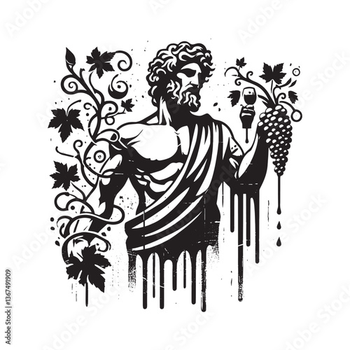 Dionysus, the Greek god of wine, in a dripping stencil art style illustration
