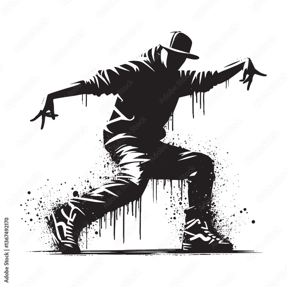 Fototapeta premium Dynamic krump dancer silhouette in grungy stencil style for urban energy