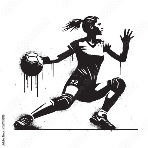 Dynamic female handball player illustration with abstract stencil grunge style