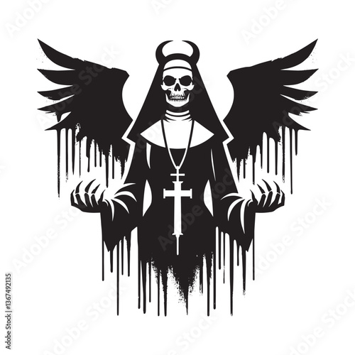 Disturbing Nun Figure with Skull Face and Winged Silhouette in Graphic Style