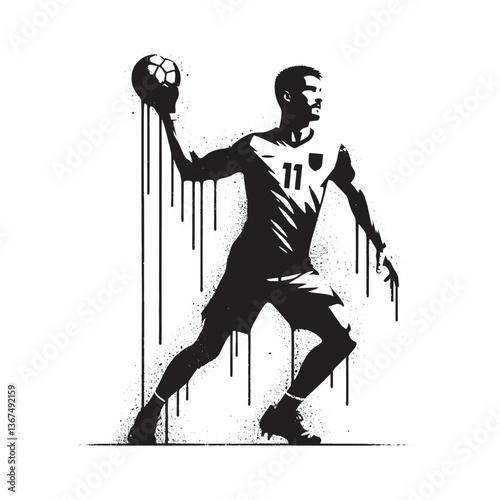 Dynamic Handball Athlete Illustration with Grunge and Spray Paint Effects