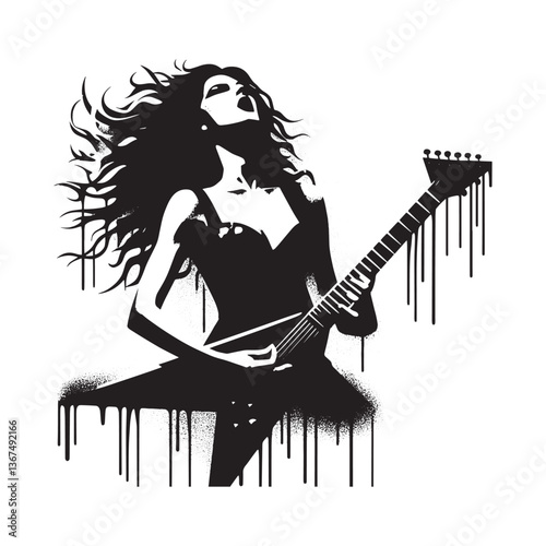 Dynamic grunge portrait of a female guitarist in monochrome stencil art style