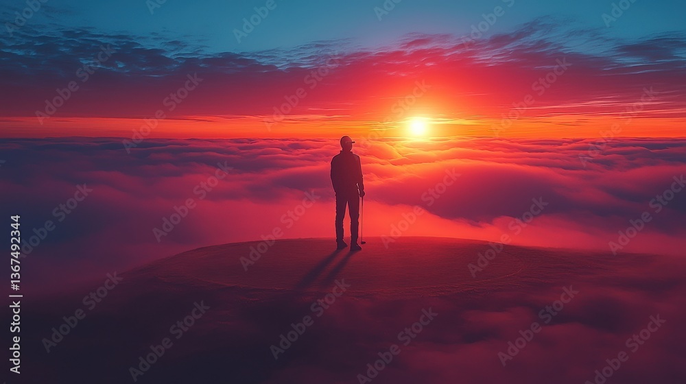 Fototapeta premium A lone silhouetted figure standing on a hilltop or mountain ridge gazing out at a breathtaking panoramic landscape bathed in the vibrant hues of a dramatic sunset The scene is shrouded in misty