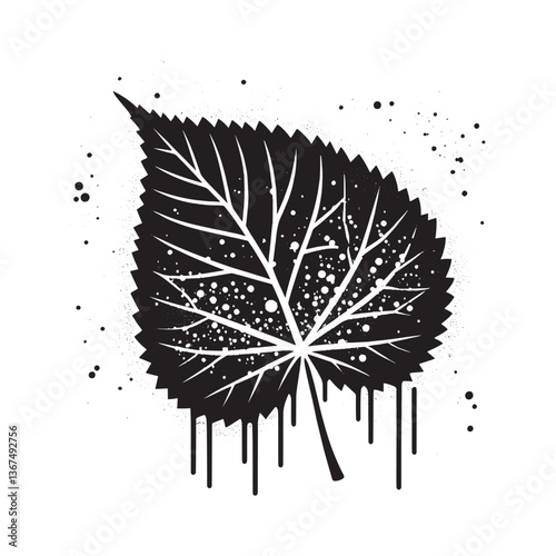 Grunge Linden Leaf Illustration with Dripping Spray Paint Effect in Stencil Style