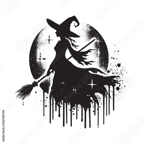 Grunge Halloween Witch Silhouette with Dripping Effect and Stencil Design