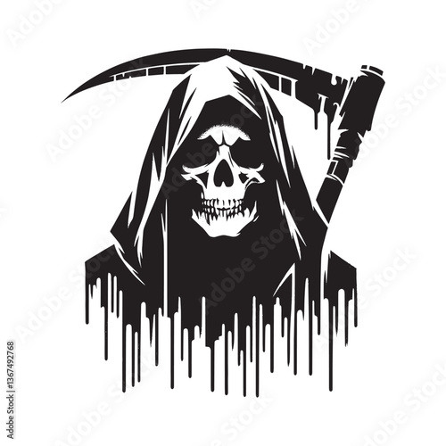 Grim Reaper Stencil Art with Dripping Effects and Grunge Texture, Black and White