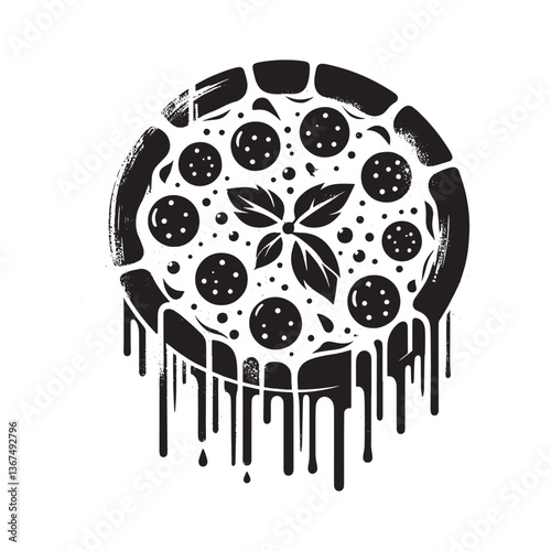 Grunge pizza with dripping sauce stencil styled design illustration