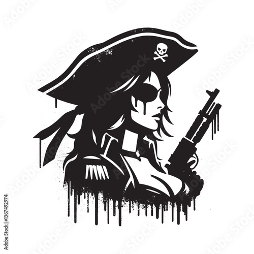Grungy pirate female stencil with spray drips holding a gun with attitude