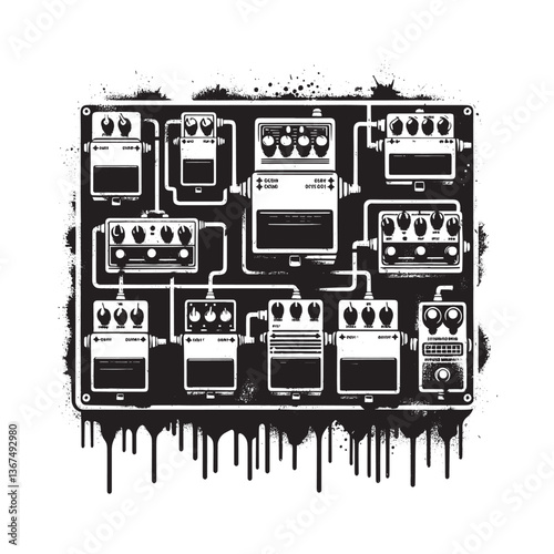 Grungy pedalboard stencil graphic with spray paint drips and gritty texture