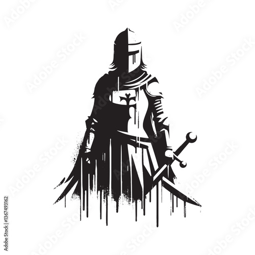Monochromatic stencil artwork featuring a female knight with sword illustration
