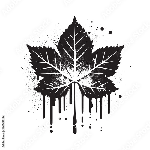 Monochromatic stylized poplar leaf with dripping effects and grunge texture