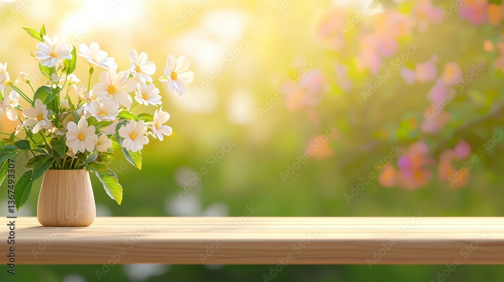 A serene scene featuring a vase of daisies on a wooden table, with a blurred garden background illuminated by soft sunlight, Green Technology. A serene scene featuring a vase of daisies on a wooden table, with a blurred garden background illuminated by soft sunlight, Green Technology.