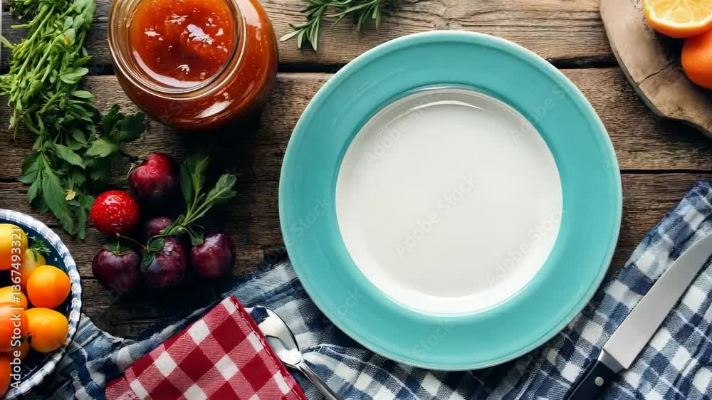Rustic table with empty plate: food preparation scene