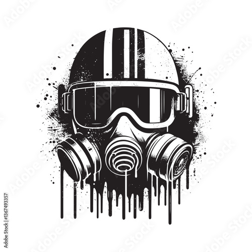 Monochrome graphic of protective helmet and mask with distressed stencil effect