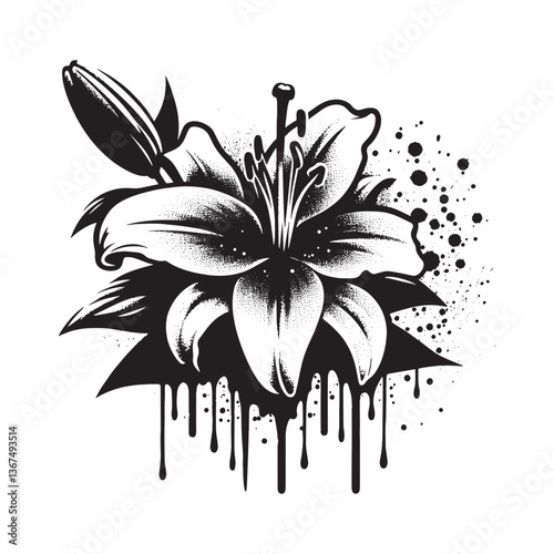 Monochrome lily bloom with stencil texture and spray paint aesthetic effect