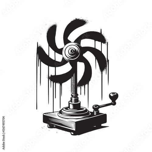 Monochrome stencil art of a vintage spinning device with spray paint details